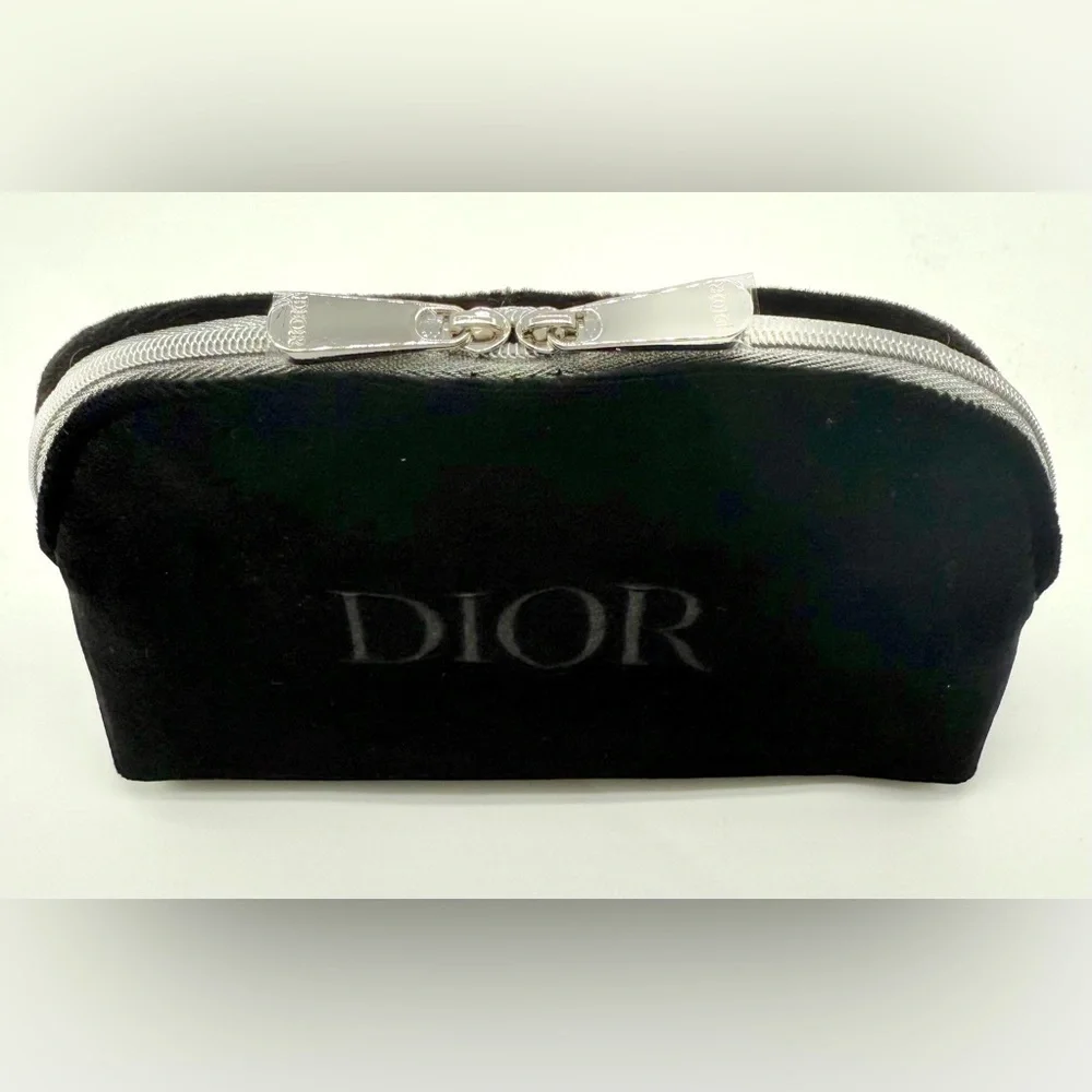 CHRISTIAN DIOR Velvet Embroidered Logo Zippered Luxury Makeup Pouch Bag OS NEW